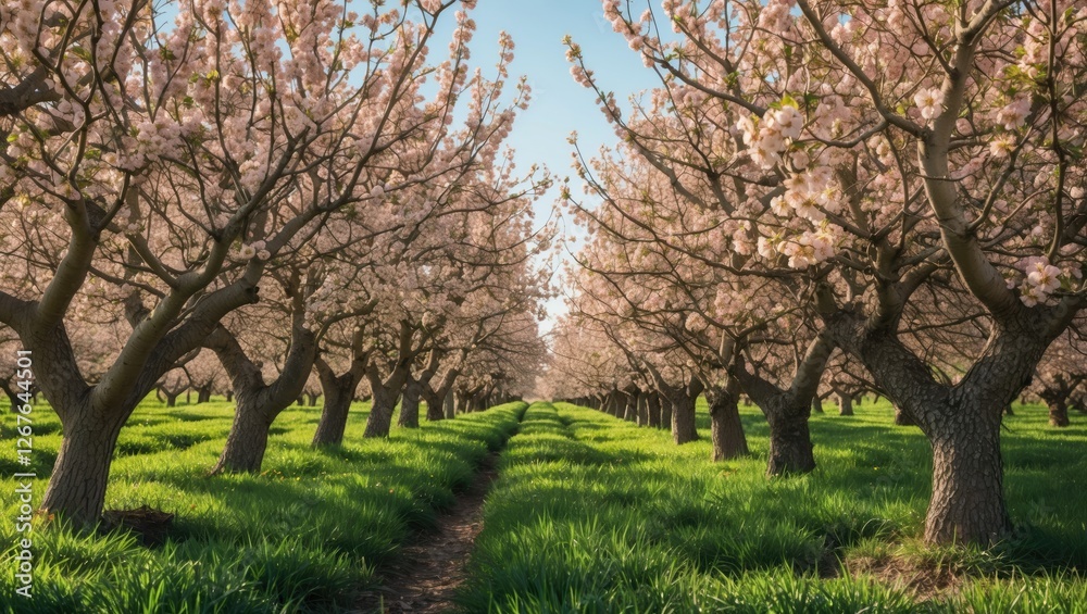 Blossoming Almond Tree Orchard with Lush Green Grass and Space for Text Composition Blossoming Almond Tree Orchard with Lush Green Grass and Space for Text Composition