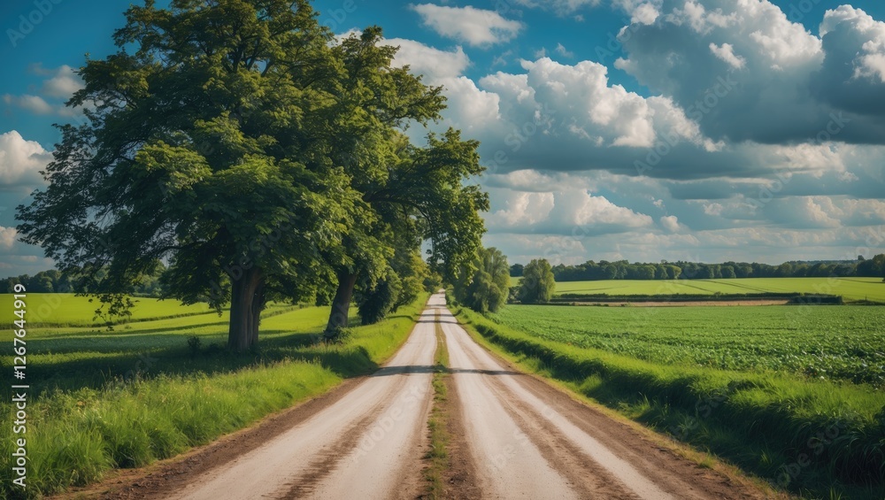 Scenic Country Road Surrounded by Lush Green Fields and Trees Under a Bright Blue Sky with Fluffy White Clouds Scenic Country Road Surrounded by Lush Green Fields and Trees Under a Bright Blue Sky with Fluffy White Clouds