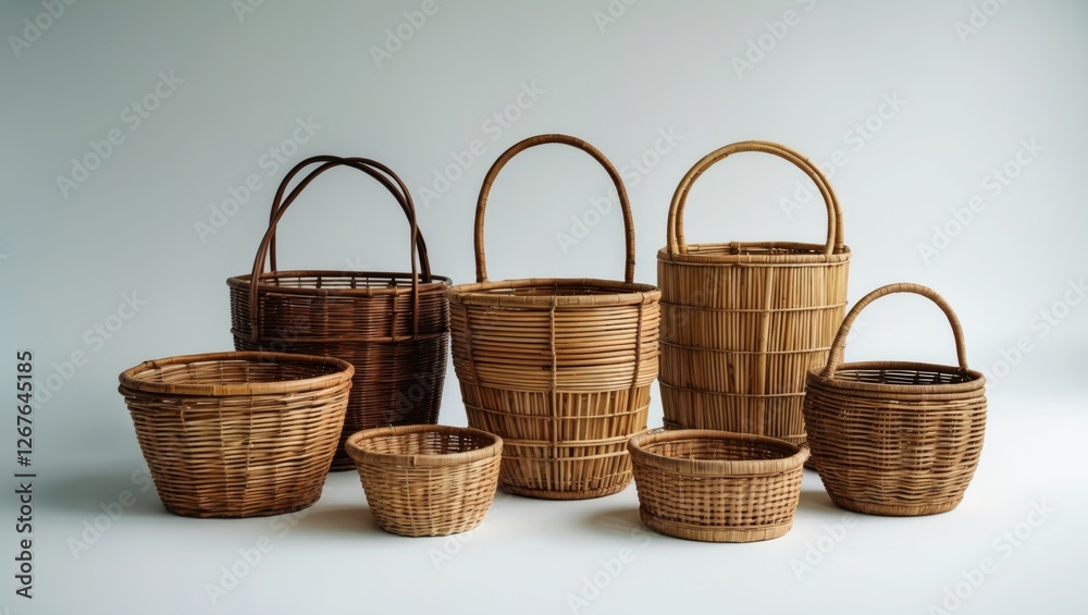 Variety of Empty Wicker and Bamboo Baskets on Light Background with Blank Space for Custom Text or Graphic Elements Variety of Empty Wicker and Bamboo Baskets on Light Background with Blank Space for Custom Text or Graphic Elements