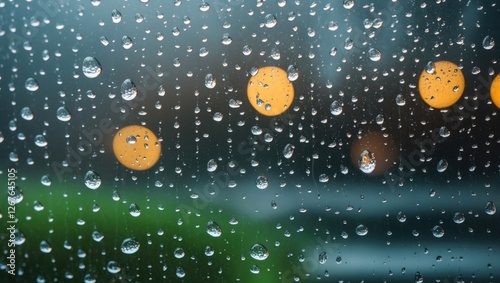 Rain droplets on a glass surface with blurred yellow lights in the background creating a moody and atmospheric effect. photo