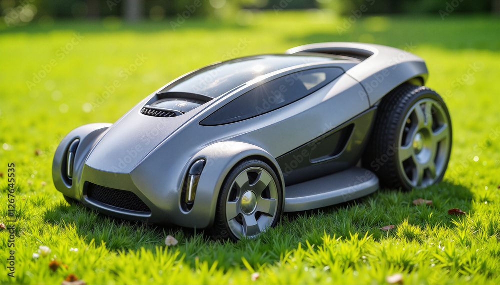 Sleek electric lawn mower design on vibrant green grass, eco-friendly concept Sleek electric lawn mower design on vibrant green grass, eco-friendly concept