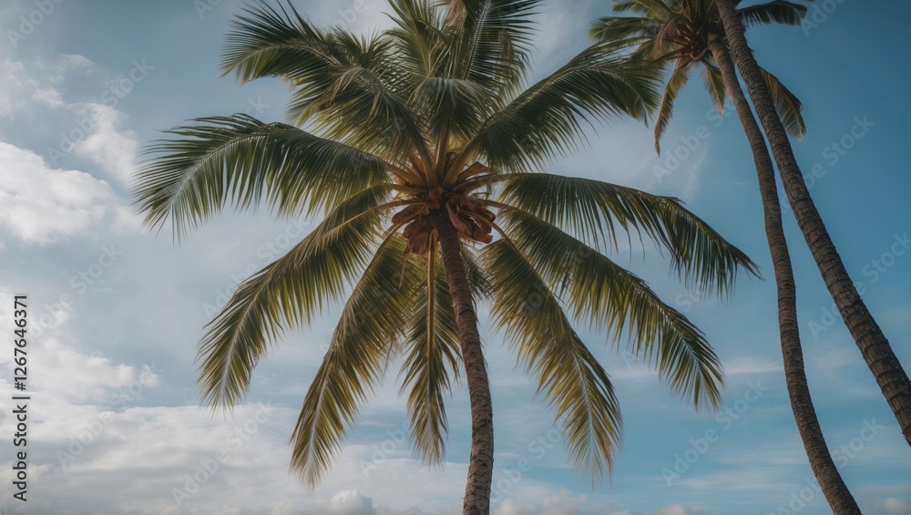 Obraz premium Elegant Coconut Trees Against a Clear Blue Sky Ideal for Tropical or Vacation Themes in Advertising and Travel Promotions