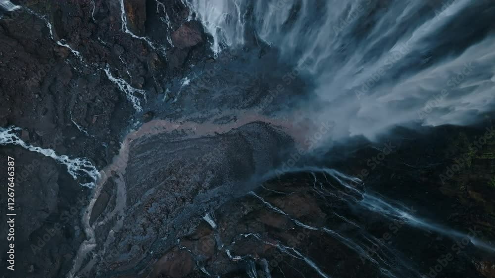 Aerial top view drone rise up and spin from bottom of Tumpak Sewu waterfall