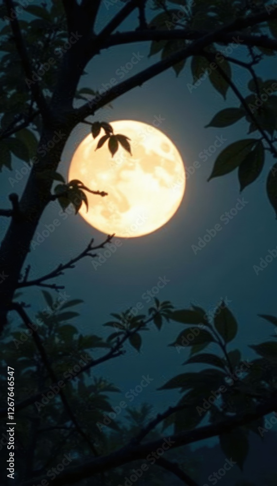 Fototapeta premium Silvery glow through leafy branches at full moon, silvery light, natural
