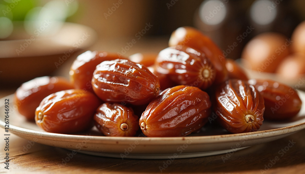 Fresh dates arranged on a plate, Iftar tradition Fresh dates arranged on a plate, Iftar tradition