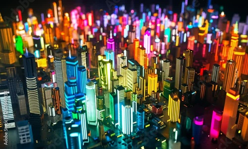 aerial view of Tokyo cityscape with densely packed buildings illuminated by vibrant neon lights at night