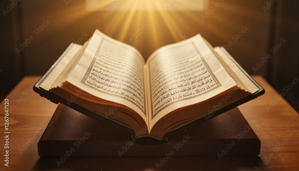 Fototapeta premium Open Quran on wooden stand illuminated by morning light, spiritual reflection