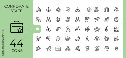 Set of Office Staff line icons. Contains such icons as corporate, man, career, group, person, communication, hand and more. Thin icon design. Editable vector stroke.