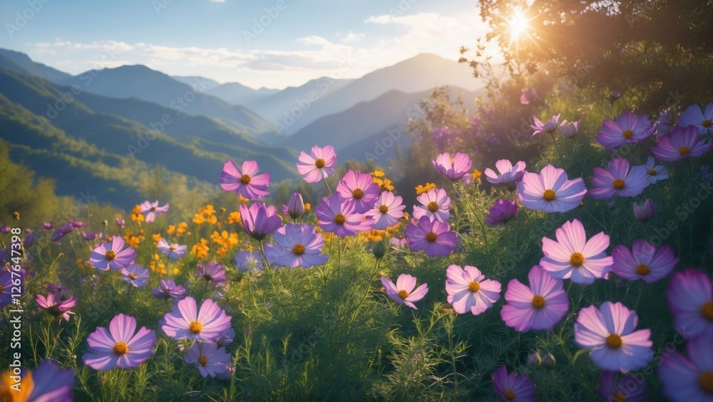 Obraz premium Cosmos flowers blooming in a sunlit garden with mountains in the background creating a serene landscape ideal for nature-themed designs.