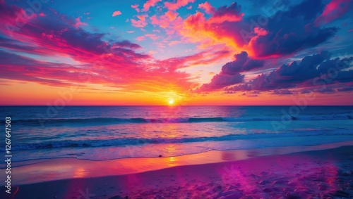 Vibrant Sunset Over Tranquil Beach Scenic View with Clear Space for Text Overlay
