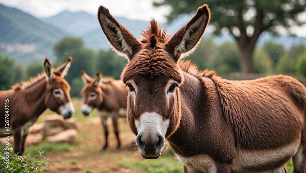 Donkeys Grazing in Scenic Farm Landscape Surrounded by Nature and Mountains on a Sunny Day