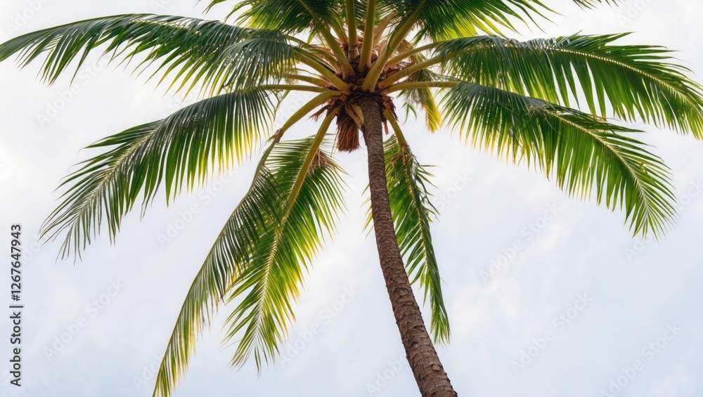 Obraz premium Coconut Palm Tree Against Blue Sky Lush Green Leaves Tropical Exotic Nature Background