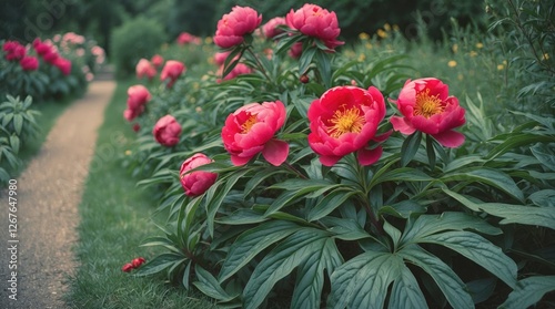 Vibrant Red Peonies Blooming Alongside Garden Path Surrounded By Lush Greenery and Dissected Leaves in Serene Outdoor Setting