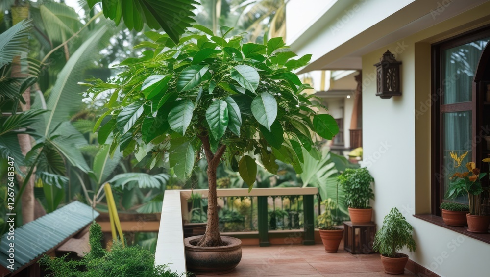 Fototapeta premium Curry Leaf Tree in a serene kitchen balcony garden surrounded by lush greenery in Kerala India showcasing tropical home gardening.