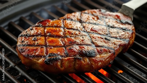 Slow-cooked steak on grill with caramelized crust, caramel, meaty