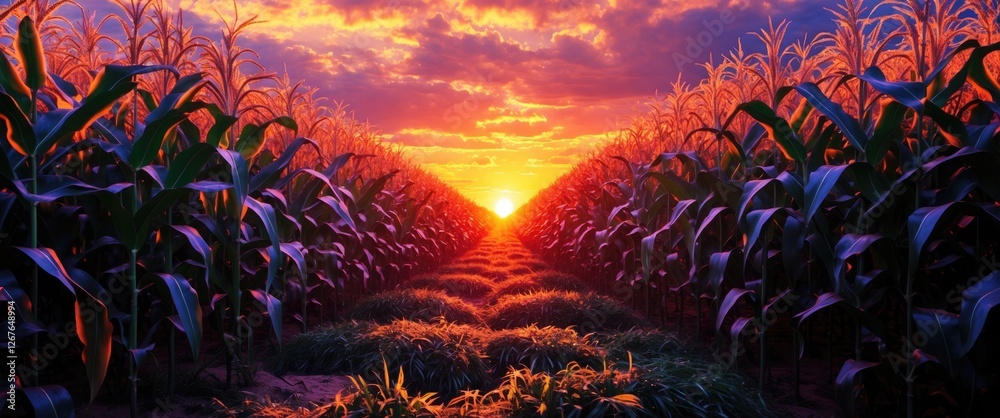 Fototapeta premium Sunset Over Cornfield Scenic Landscape with Vibrant Sky and Ample Copy Space for Text Overlay