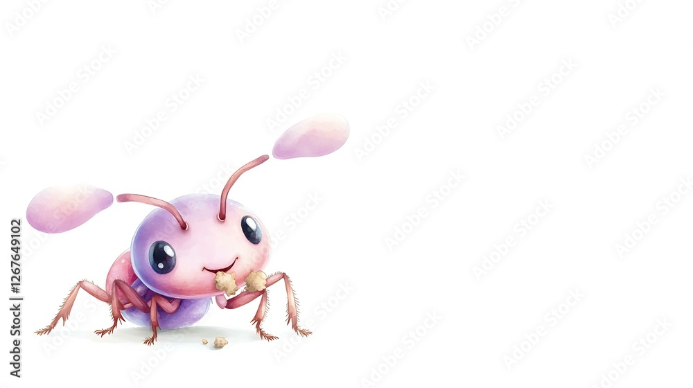 A chibi ant carrying a crumb, looking determined, isolated on a white background A chibi ant carrying a crumb, looking determined, isolated on a white background