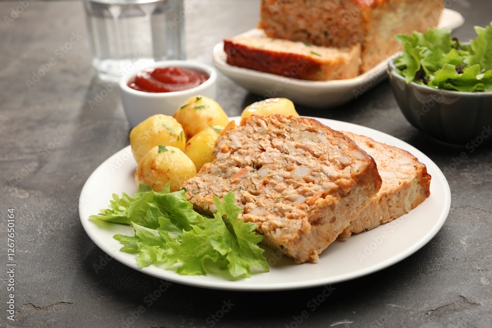 Delicious baked turkey meatloaf with potatoes served on grey table, closeup Delicious baked turkey meatloaf with potatoes served on grey table, closeup