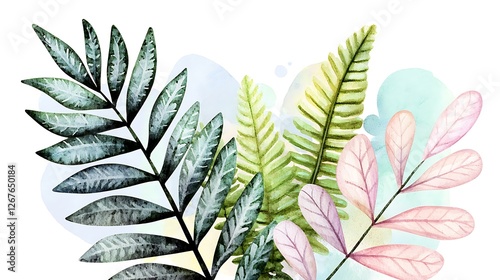 A chibi fern with delicate fronds, with watercolor splashes of green and yellow, isolated on a dreamy background