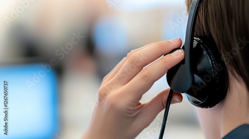 Woman with headset engaged in conversation in a modern office environment