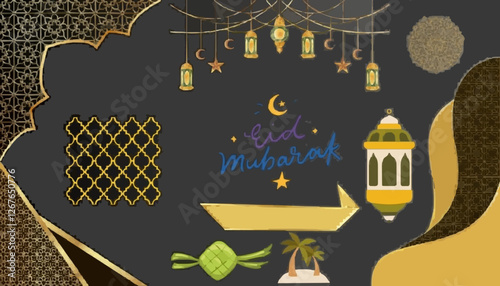 Eid Al Fitr mubarak, hand painted in pastel colors. doodle style. Horizontal poster, greeting card, header for website