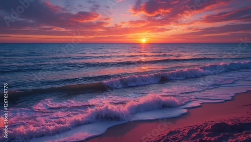 Tranquil Sunset Over Calm Sea with Gentle Waves and Serene Sandy Beach Landscape at Dusk photo