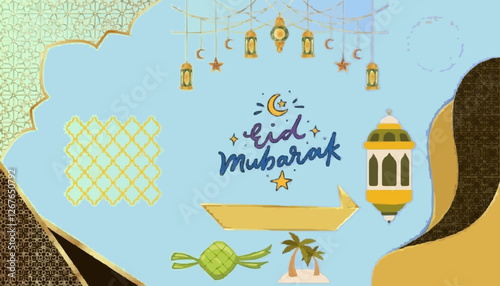 Eid Al Fitr mubarak, hand painted in pastel colors. doodle style. Horizontal poster, greeting card, header for website