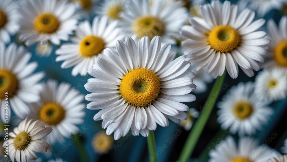 Obraz premium Close-up of vibrant daisy flowers showcasing white petals and yellow centers with a blurred background enhancing the floral beauty.