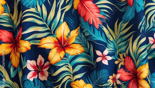 Vibrant Tropical Floral Print Fabric Featuring Hibiscus and Lush Greenery on Deep Blue Background
