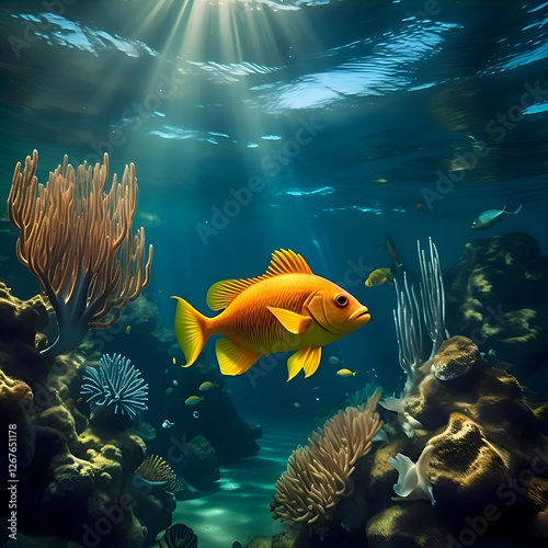A realistic underwater scene featuring a vibrant orange tropical fish swimming among coral reefs, with sunlight streaming through the clear blue water,
fins move naturally, creating a sense of motion.