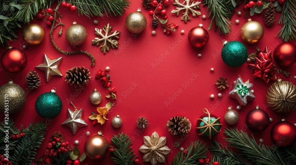 Festive holiday decoration on red background with ornaments pinecones and greenery creating a decorative template for text placement. Festive holiday decoration on red background with ornaments pinecones and greenery creating a decorative template for text placement.