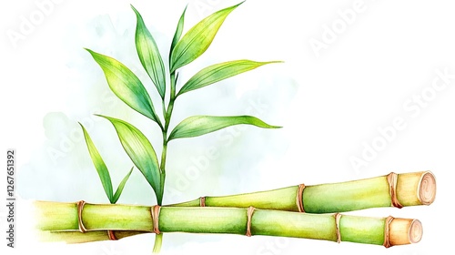 A chibi bamboo shoot with green leaves, growing tall, isolated on a white background