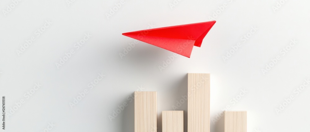 Red Paper Airplane flying over Growth Chart Red Paper Airplane flying over Growth Chart