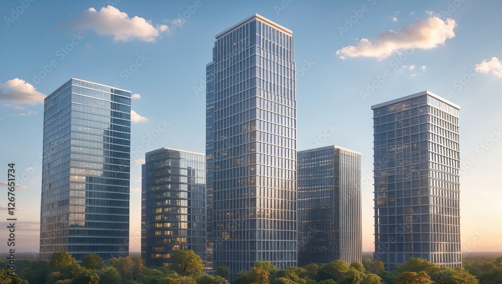 Modern skyscrapers with reflective glass facades against a bright blue sky at sunset, surrounded by green trees and illuminated by warm light Modern skyscrapers with reflective glass facades against a bright blue sky at sunset, surrounded by green trees and illuminated by warm light