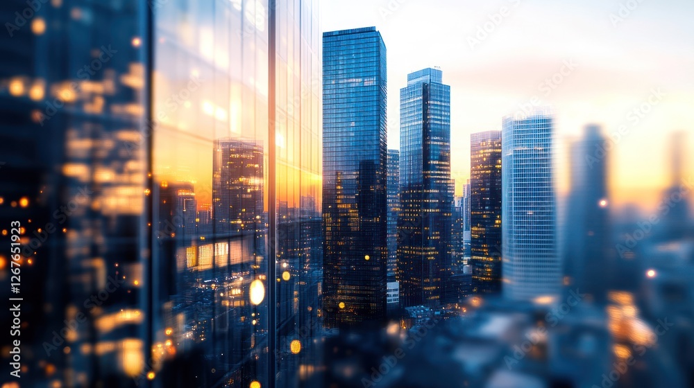 Fototapeta premium Cityscape at Sunset: A Stunning View of Modern Skyscrapers