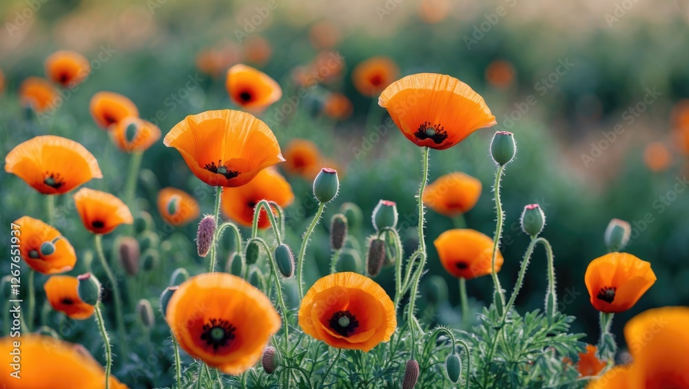 Obraz premium Vibrant Field of Orange Poppy Flowers with Soft Focus and Space for Text Overlay in Natural Outdoor Setting