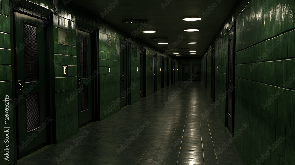 Disquieting Green Tiled Hallway with Dark Doors and Dim Lights in a Building Interior Setting