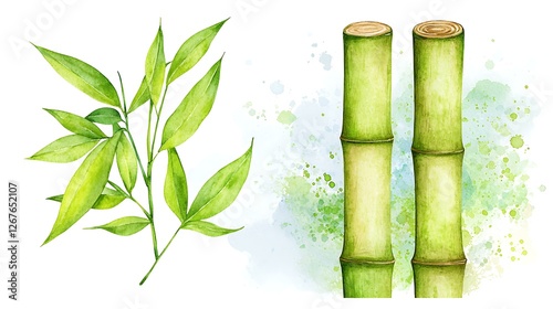 A chibi bamboo shoot with green leaves, with watercolor splashes of green and blue, isolated on a soft background