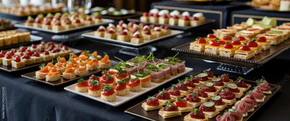Fototapeta premium Elegant Canapes Displayed on Buffet Table for Catering Event Featuring Variety of Flavors and Colorful Presentation