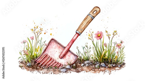 A chibi garden cultivator with curved tines, surrounded by watercolor splashes of brown and yellow, isolated on a soft background