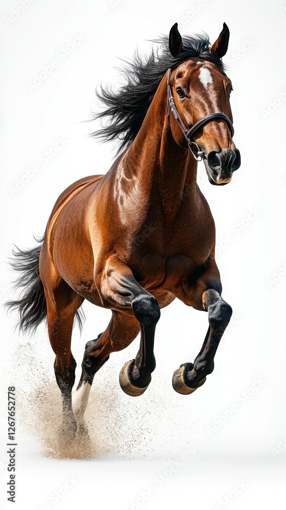 Majestic brown horse gallops powerfully in a studio setting with dramatic lighting to showcase its athleticism and grace Majestic brown horse gallops powerfully in a studio setting with dramatic lighting to showcase its athleticism and grace