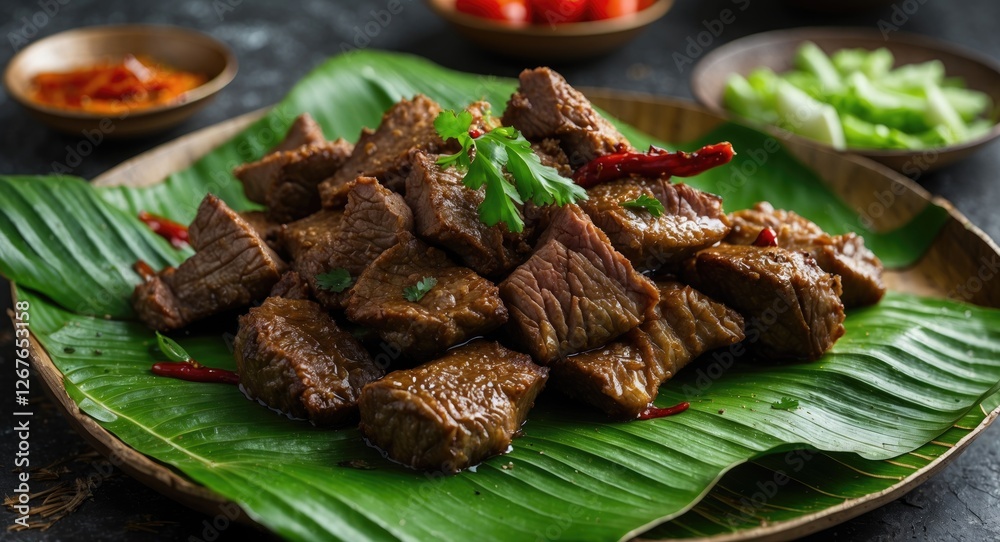 Savory Deep Fried Marinated Beef Served on Fresh Banana Leaves with Colorful Garnishes and Sides in a Rustic Setting Savory Deep Fried Marinated Beef Served on Fresh Banana Leaves with Colorful Garnishes and Sides in a Rustic Setting