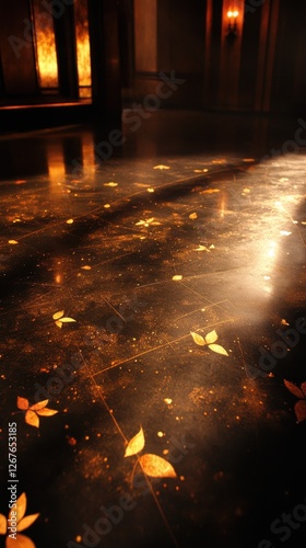 Elegant golden leaves pattern illuminated on dark glossy floor