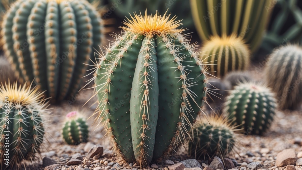 Echinocactus Variety in Desert Landscape Lush Green Spines and Textured Background Showcasing Unique Cactus Forms and Shapes Echinocactus Variety in Desert Landscape Lush Green Spines and Textured Background Showcasing Unique Cactus Forms and Shapes