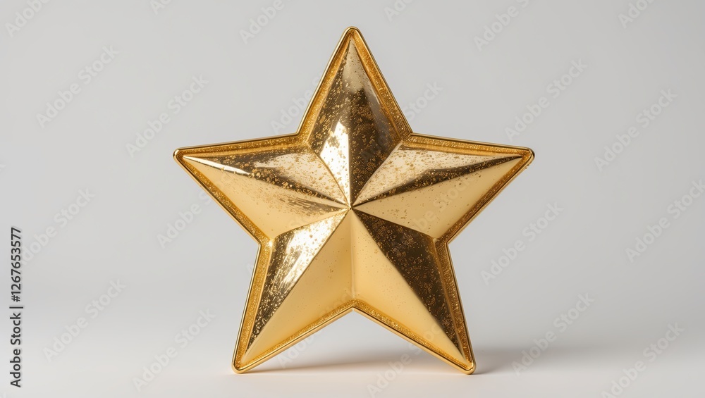 Shiny golden star decoration with a textured surface on a light background, reflecting light elegantly Shiny golden star decoration with a textured surface on a light background, reflecting light elegantly