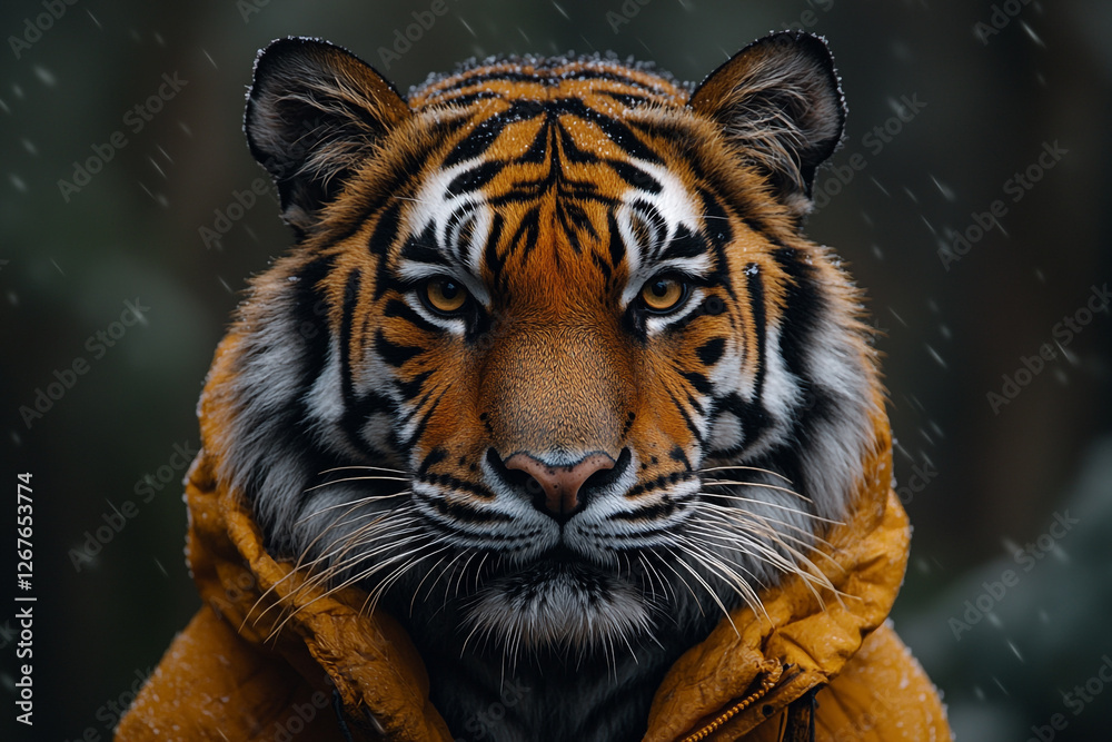 Naklejka premium Tiger's piercing gaze, a touch of urban flair in snowy ambiance
