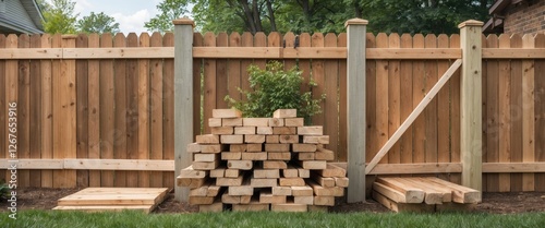 Wooden Fence Construction Ideas with Lumber Stack and Materials in Backyard Setting photo