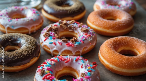 Assorted colorful donuts on a rustic table showcasing various flavors and toppings for a tempting dessert display photo