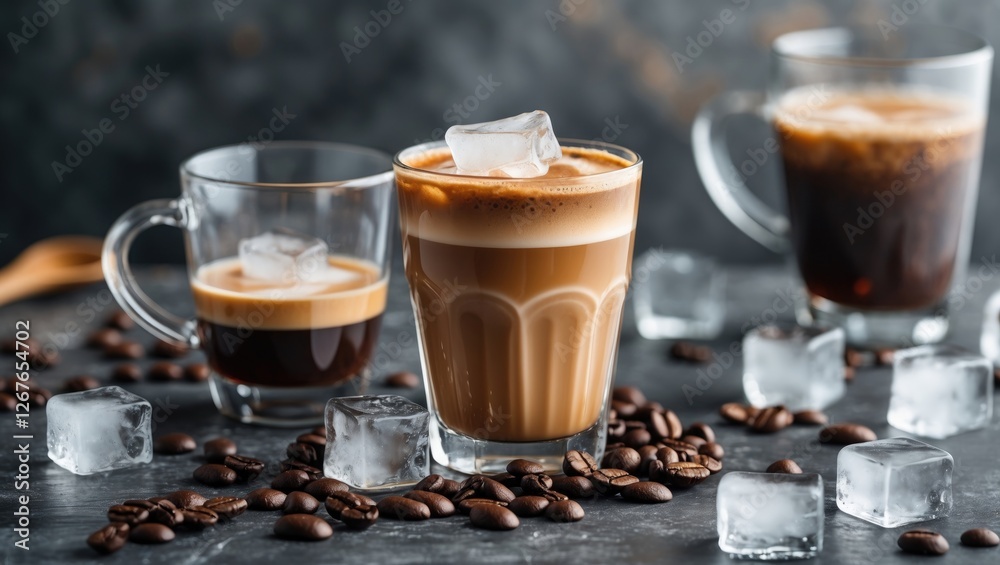Iced Americano Coffee in Glasses with Ice Cubes and Coffee Beans on Dark Background for Beverage Promotion or Menu Design Iced Americano Coffee in Glasses with Ice Cubes and Coffee Beans on Dark Background for Beverage Promotion or Menu Design
