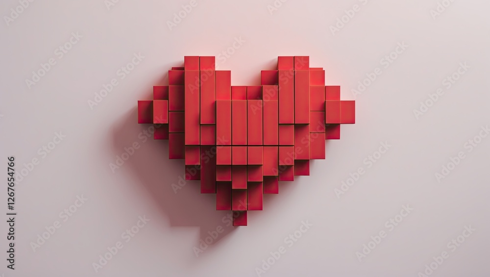 Fototapeta premium A 3D representation of a heart made from stacked red cubes against a soft textured background, creating a warm ambiance
